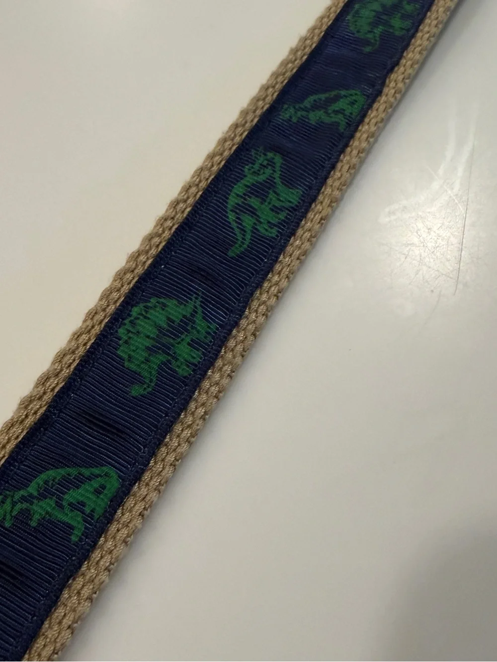Boys Navy and Tan Dinosaur Woven Leather-Trim Belt